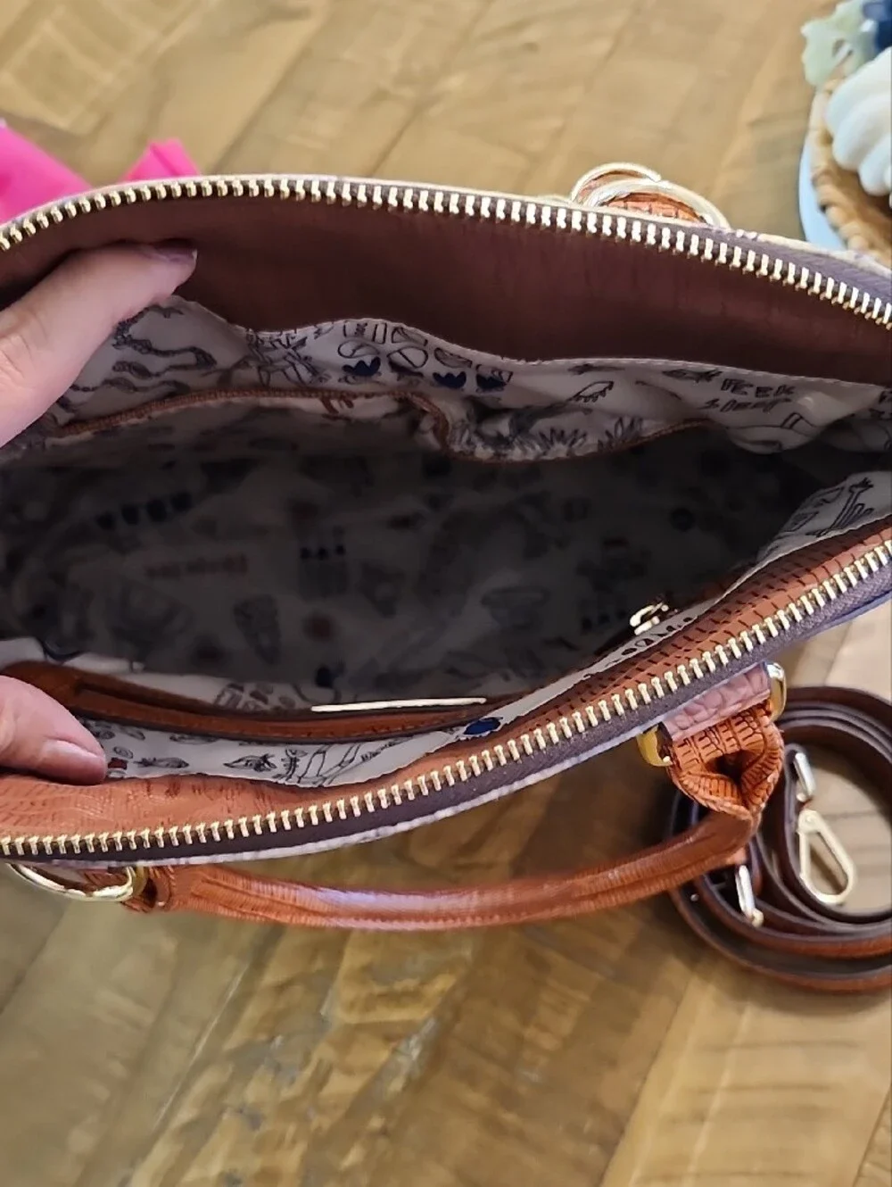 Nicole Lee Brown Roma Print Dome Satchel with Gold Hardware